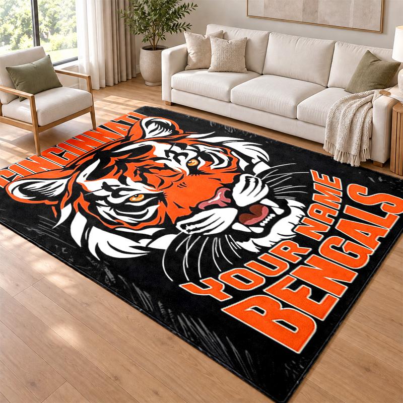Cincinnati Bengals Custom Name Personalized Rug Non‑Slip Doormat Floor Carpet Housewarming Birthday Gift for Family Friends