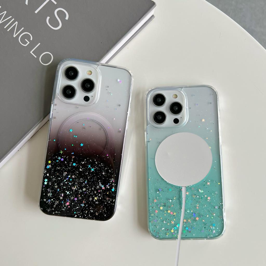 Magnetic attraction gradual change glitter Epoxy for iPhone15promax mobile phone case Apple 17 anti-drop protective case