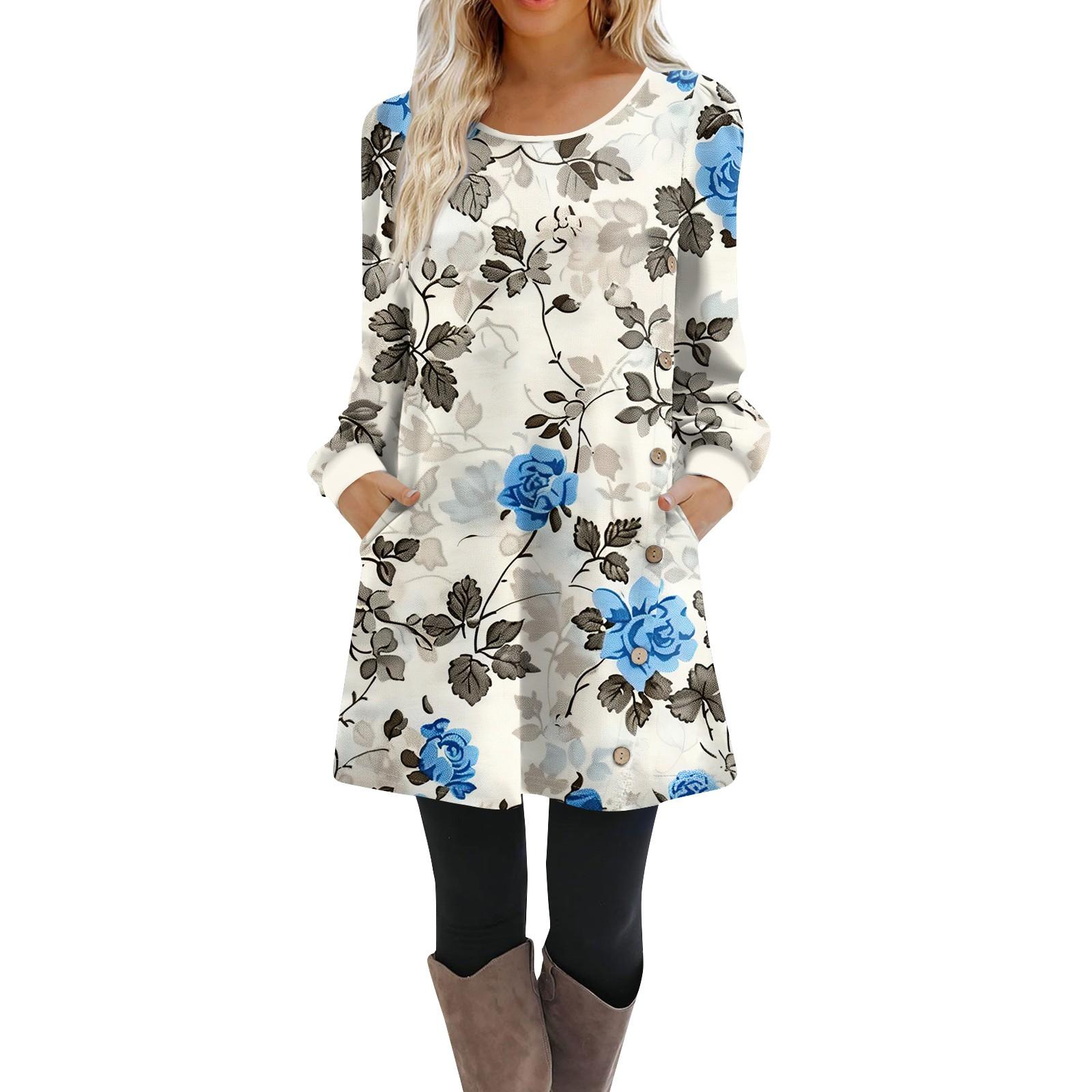 

Womens Long Sleeve A Line Dress Casual Pullover Button Loose Fit Dress With Pockets S