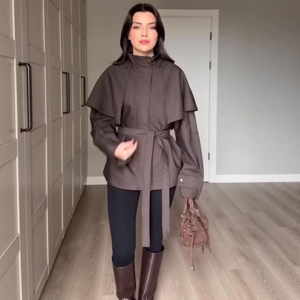 Cross-border European and American women's clothing Amazon stand-up collar British style casual trend cloak jacket temperament lace-up