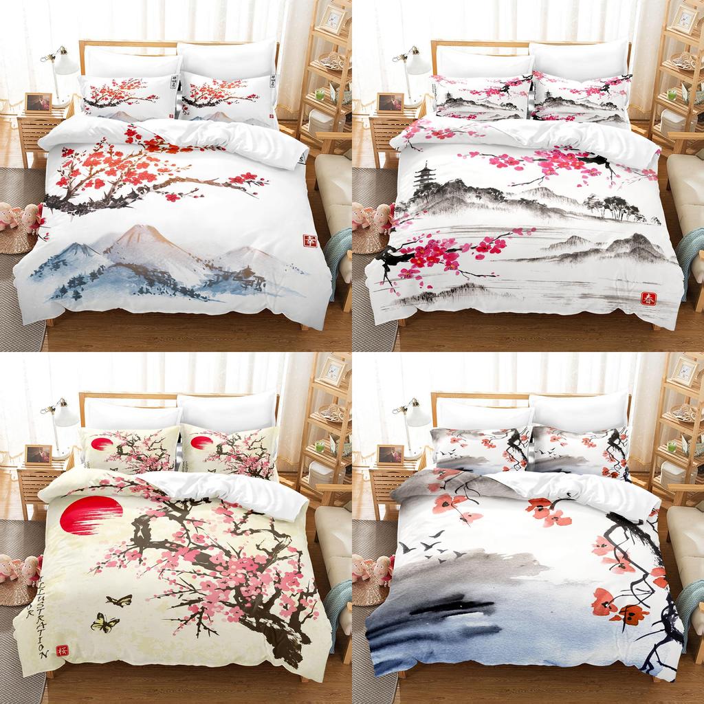 New Cross-border Chinese Style Ink Painting Digital Printing Flannel Bedding Set