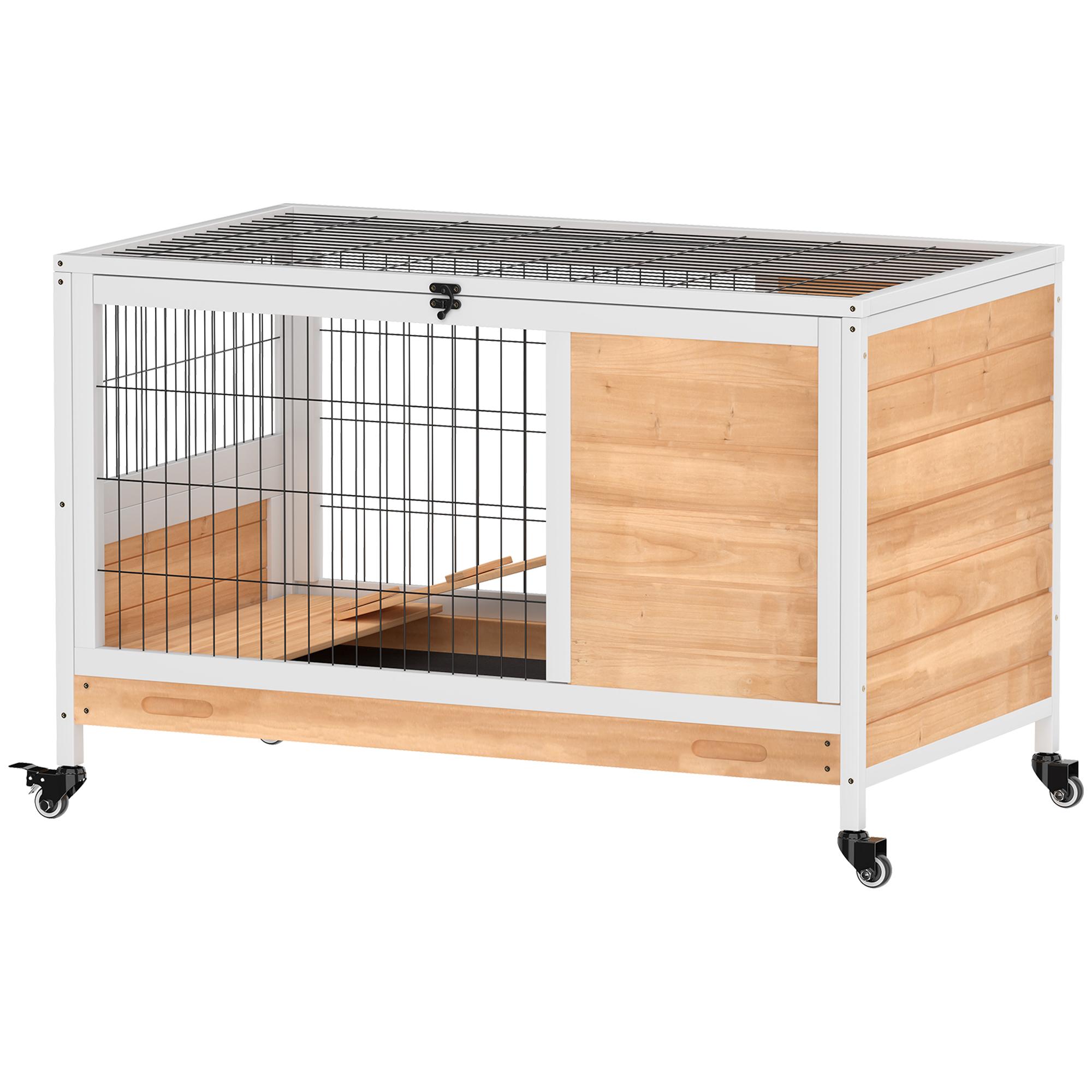 Garenne pour lapin en bois Cage à lapin à deux étages avec toit pliable Roues Deux entrées Rampe et bac amovible 90x53x59cm