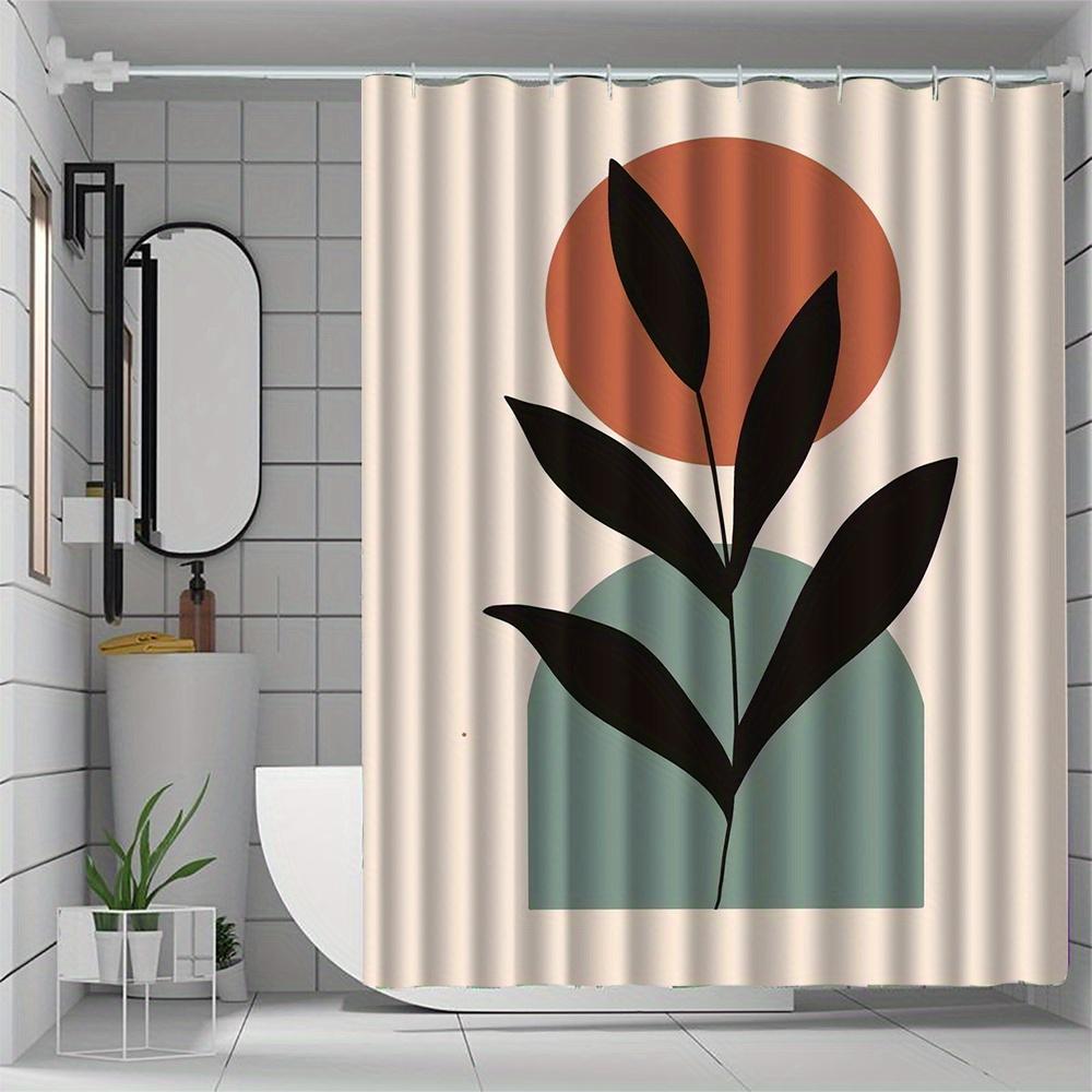 1pc Leaf patterned shower curtain, polyester fabric, with hooks, machine washable, suitable for bathroom decor.