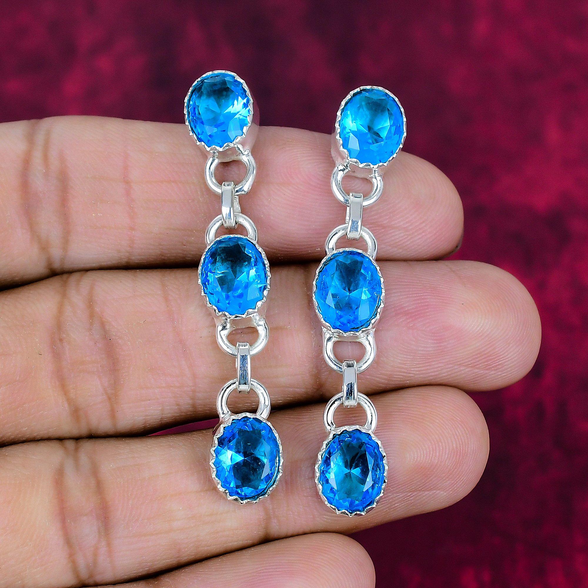 

Серьги с голубым топазом, ювелирные изделия из цельного серебра 925 пробы с драгоценными камнями, серьги ручной работы, на День благодарения 2.17 Inches синий