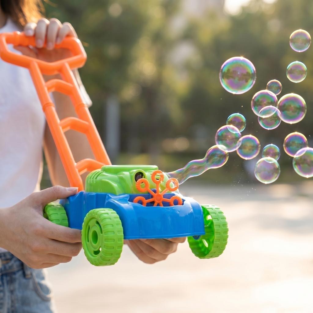 Outdoor Bubble Machine Push Cart Toy for Kids with Detachable Handle and Wheels Includes Bubble Solution and Refill Rings Suitable for Family Playtime
