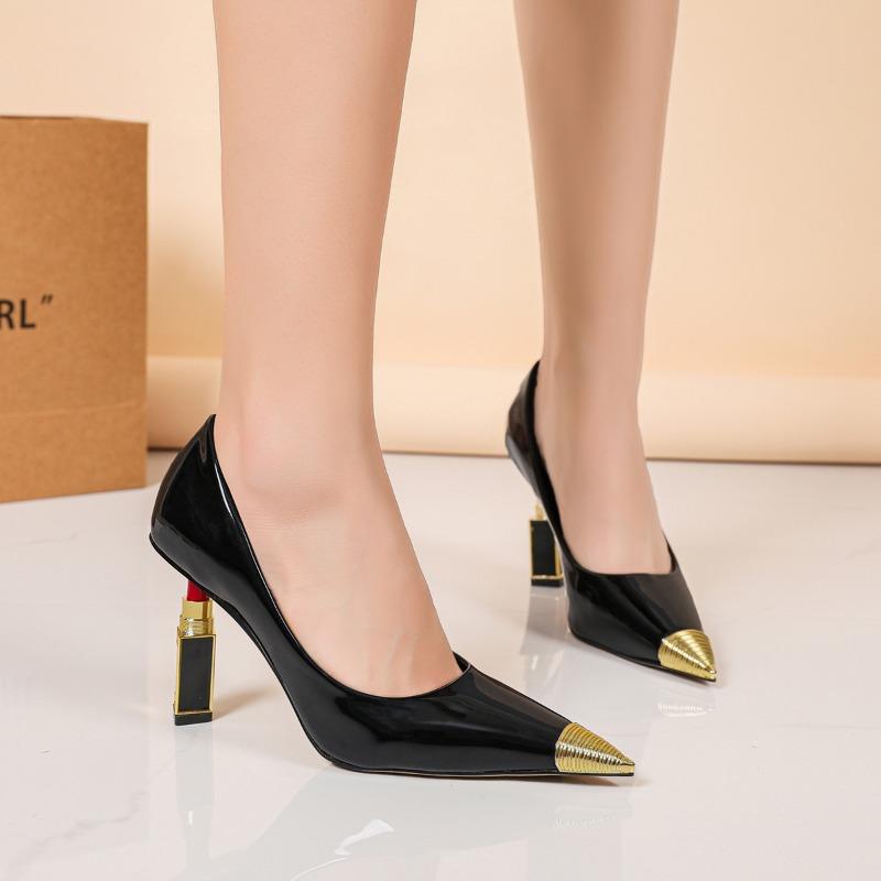 Lipstick Strange High Heel Pumps For Famale Women 2025 Pointed Toe Slip-on Shallow Patent Leather Handmade Elegant Dress Shoes