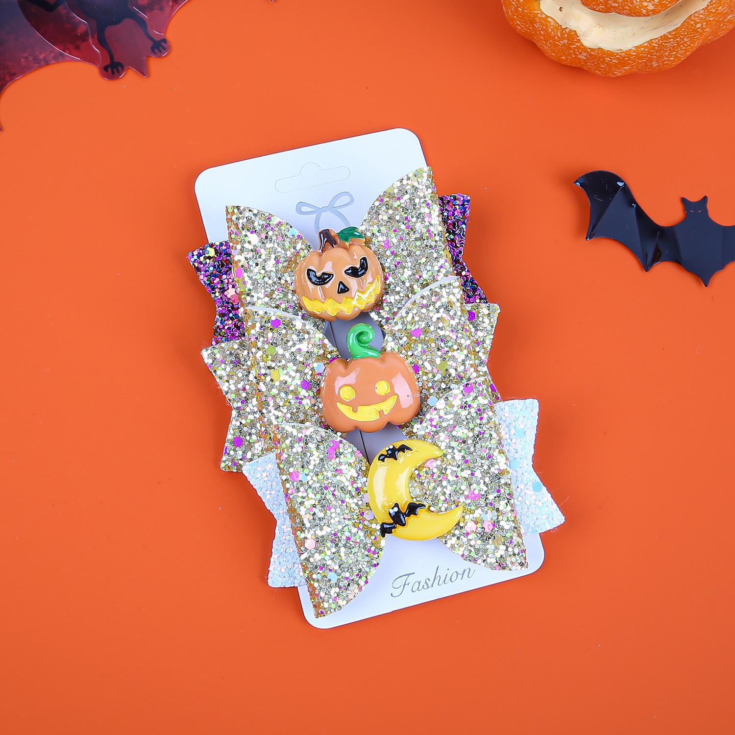 

3 шт. заколки для волос на Хэллоуин для девочек, 3-дюймовые блестящие банты для волос, заколки-зажимы в виде дьявола и тыквы, детские украшения для волос для вечеринок