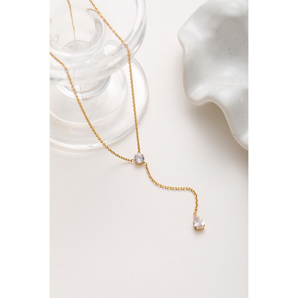 Popular stainless steel round water drop zircon Y-shaped necklace plated with 18k gold waterproof high-end versatile jewelry women