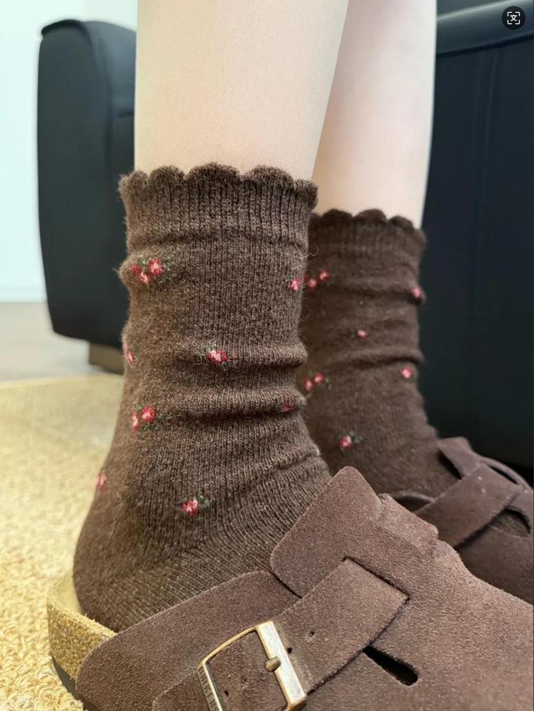 Coffee Floral Vintage Wool Socks - Women's Mid-Calf, Thick Warm for Autumn/Winter, Dark Gray Slouch for Snow Boots