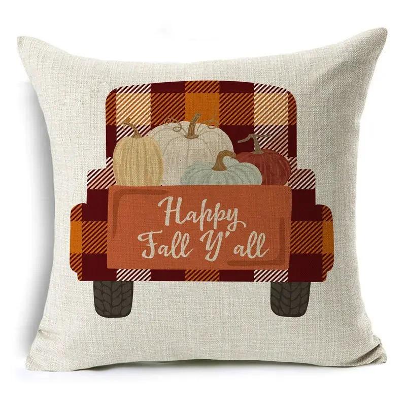 Thanksgiving Fall Pumpkin Cushion Cover Farmhouse Truck Peach Skin Pillowcase Autumn Harvest Home Sofa Decor Throw Pillow Cover