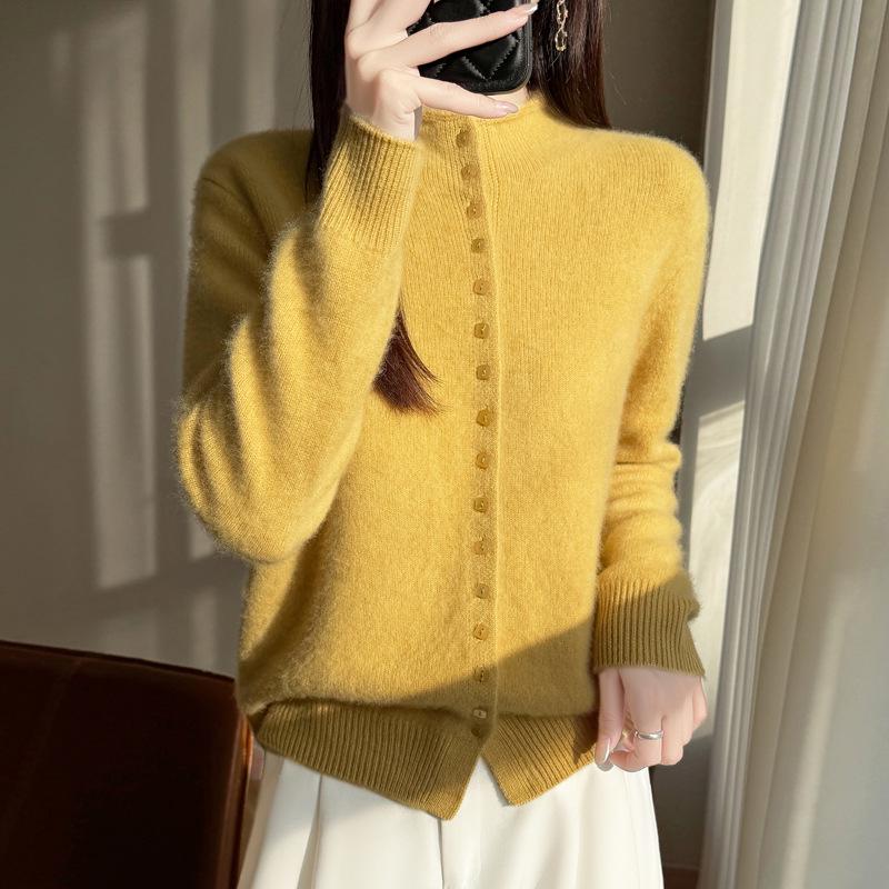 Plus Size Knit Wool Cardigan Sweater with Stand Collar - Women's Long Sleeve Autumn/Winter Fashion