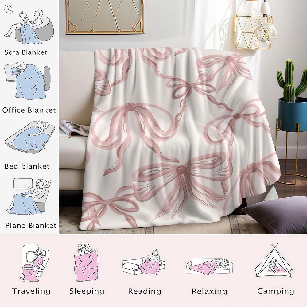 Dusty Pink Bow Flannel Blanket Warm Soft Halloween Christmas Couch Warm Cozy Decorative Decor Gift for All Season