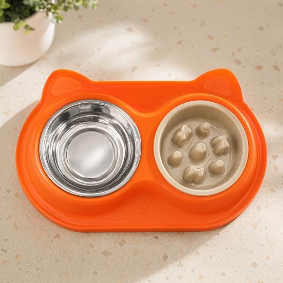 Yousheng Double Bowls Pet Feeder, Slow Feeder Bowl And Stainless Steel Bowl, Spill-Proof Anti-Slip Water And Food Bowl Set for Indoor Cats Dogs