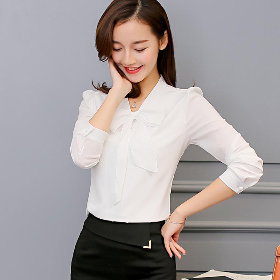 Summer Autumn Women Pink White Chiffon Blouse Fashion Korean Style Bow Tie Collar Ladies Shirt Office Casual Long Sleeve Base Top