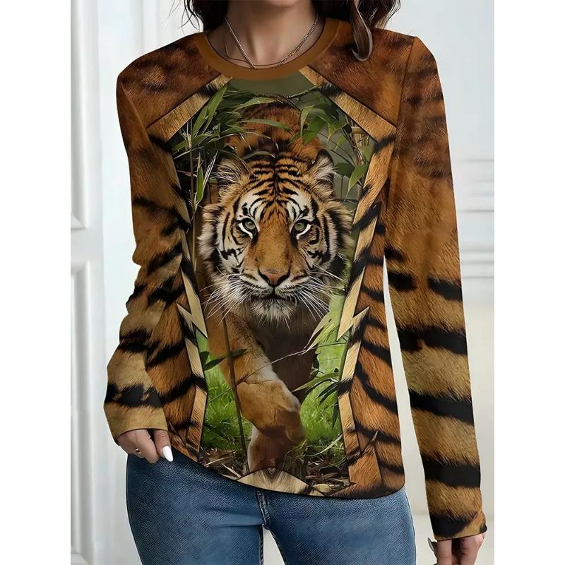 Modisches Damen Rundhals Langarm 3D Lässiges Farbdruck Lässiges Langarm Rundhals T-Shirt