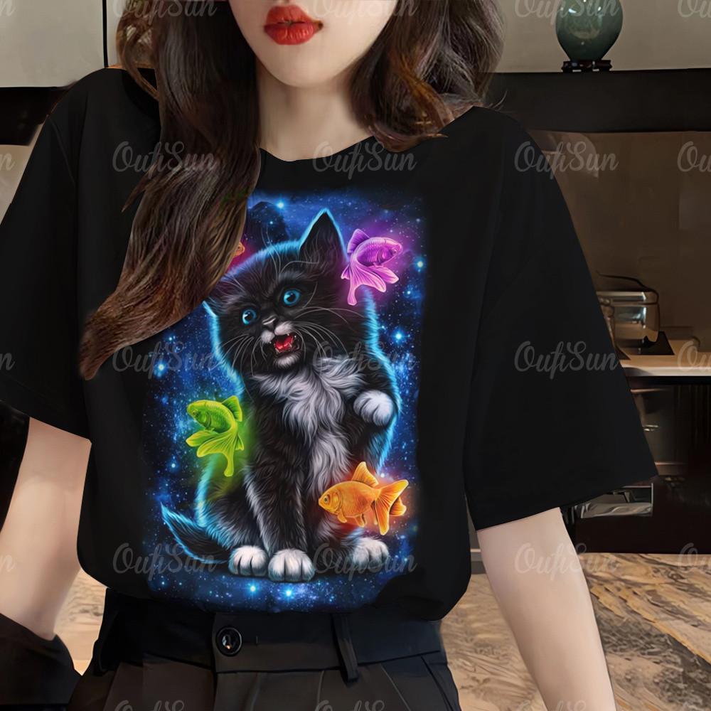 Women's cat printed T-shirt, Korean dress, short sleeved shirt, plus size