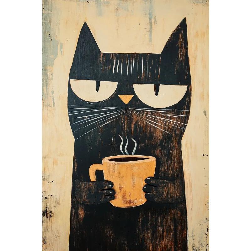 Whimsical Black Cat Drink Coffee Poster For Bedroom Nursery Cartoon Animal Canvas Painting Cute Cat Illustration Print Wall Art