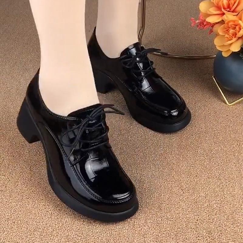 Black lace-up leather shoes women's high heels thick heel single shoes versatile women's shoes medium women's soft-soled dance shoes