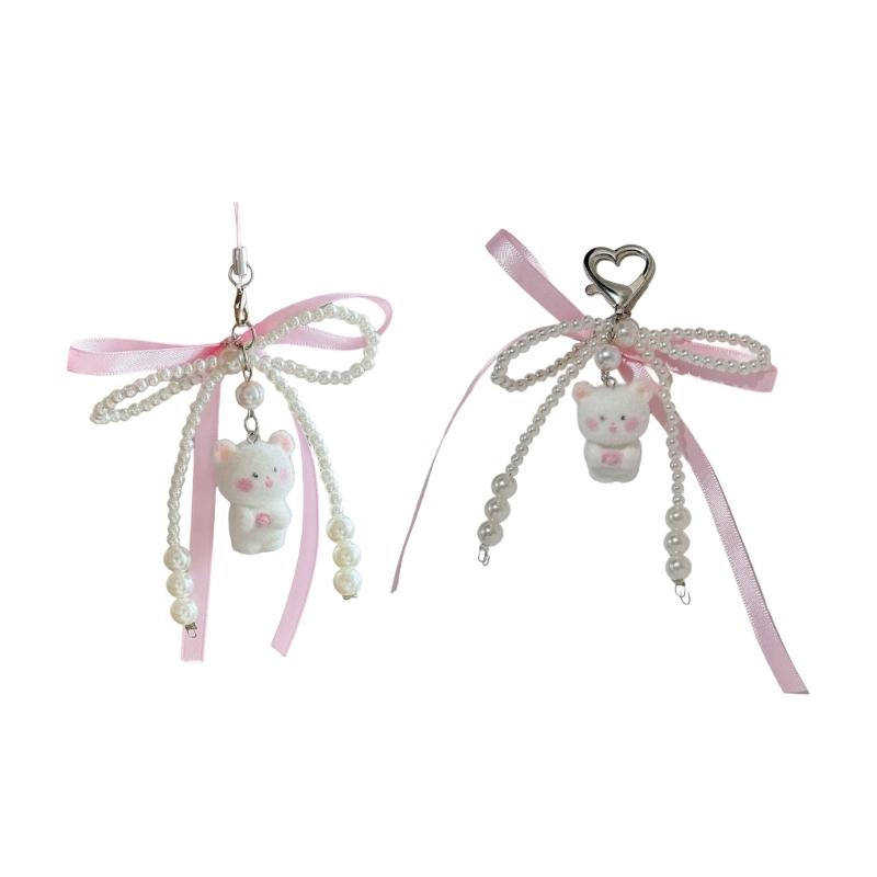 Flocking Bear Keychain With Pearls Ribbon Bowknot Charm Practical Key Holder Bacpack Accessory For Women Girls