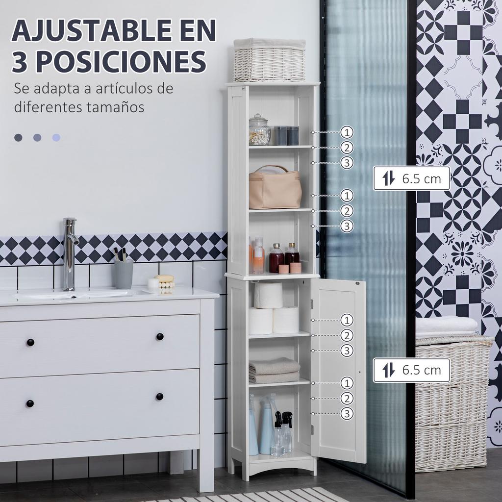 Bathroom Column with 3 Compartments, Door and Adjustable Shelves, for Shower Toilet 34x23x165 Cm White