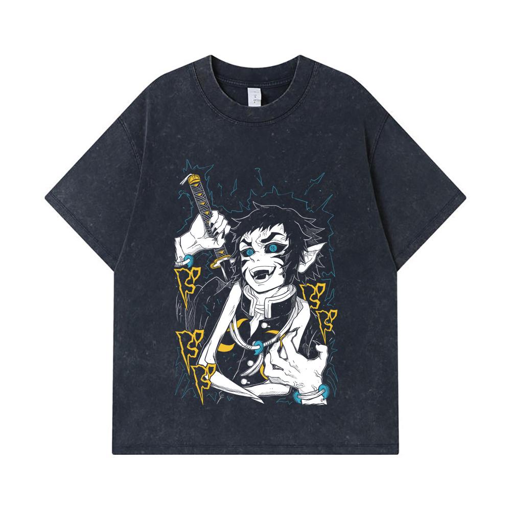 275 GSM Washed T-shirts 100% Cotton Demon Slayer V40 Kaigaku Print Unisex Heavy Cotton T Shirt