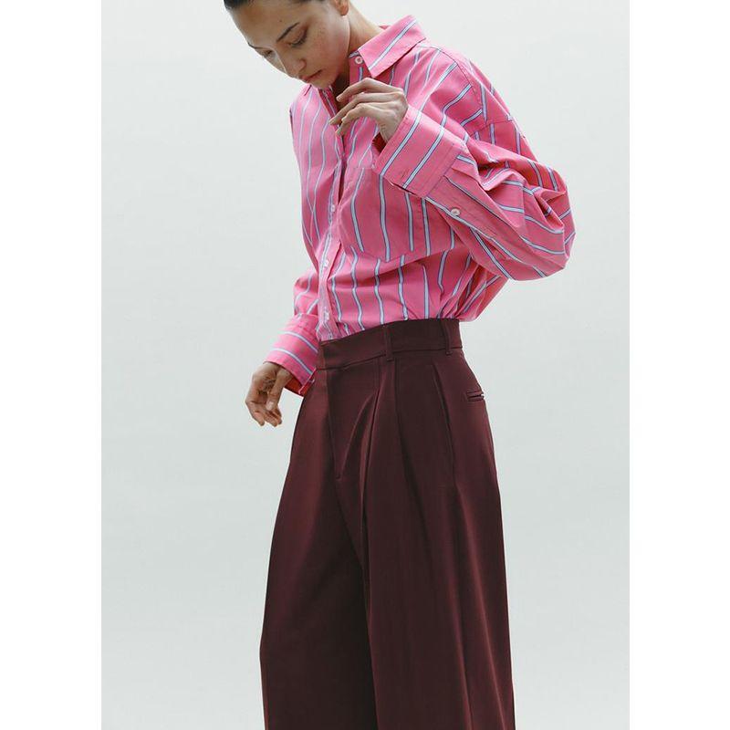 Spring New Women's Clothing Single Row Multi-Buckle Pleated Decoration Stripes Loose Lapel Long Sleeve Shirt 2180067