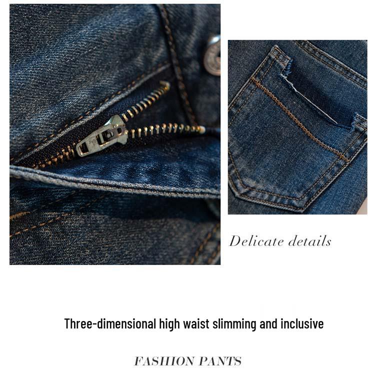 Women's High Waist Cuffed Slim Fit Straight Leg Retro Blue Jeans, Spring/Autumn 2025 Collection