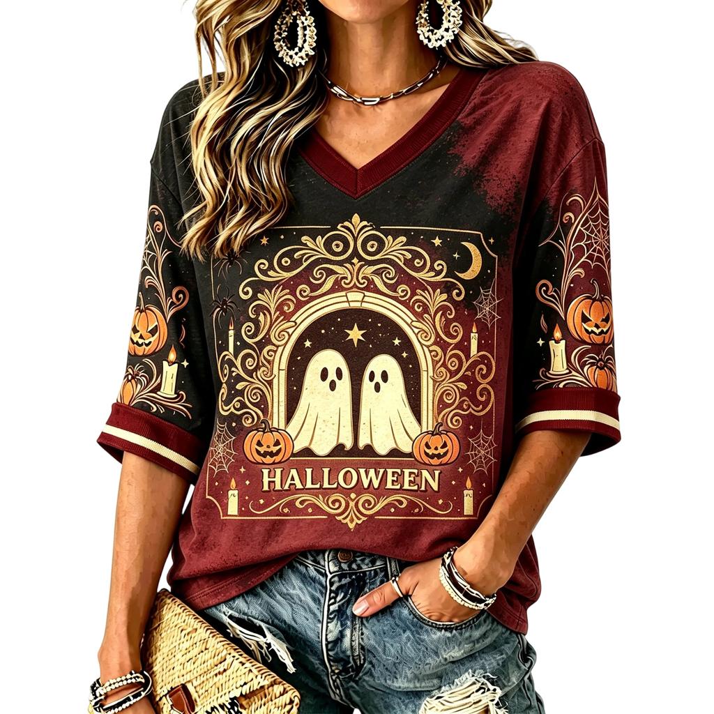 Women's Fashion Casual Halloween Print V-Neck T-Shirt