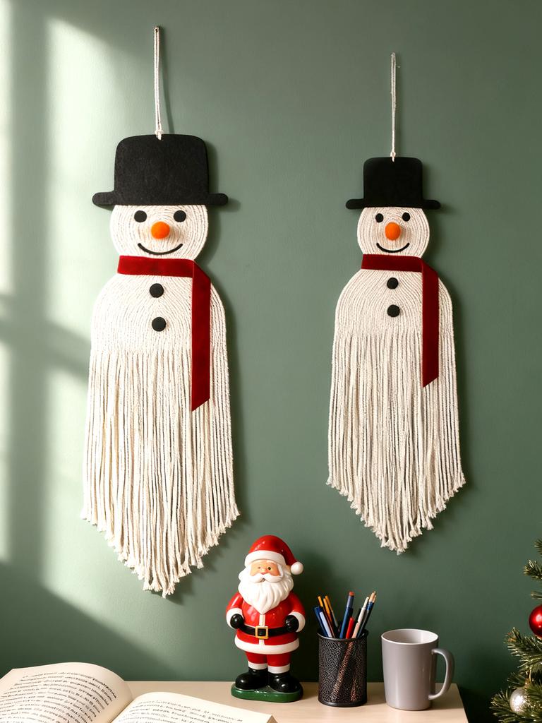 Cute Macrame Snowman Wall Hanging Decor Christmas Snowman with Tassel Design Festive Ornament for Home Wall,Xmas Tree&Party Gift