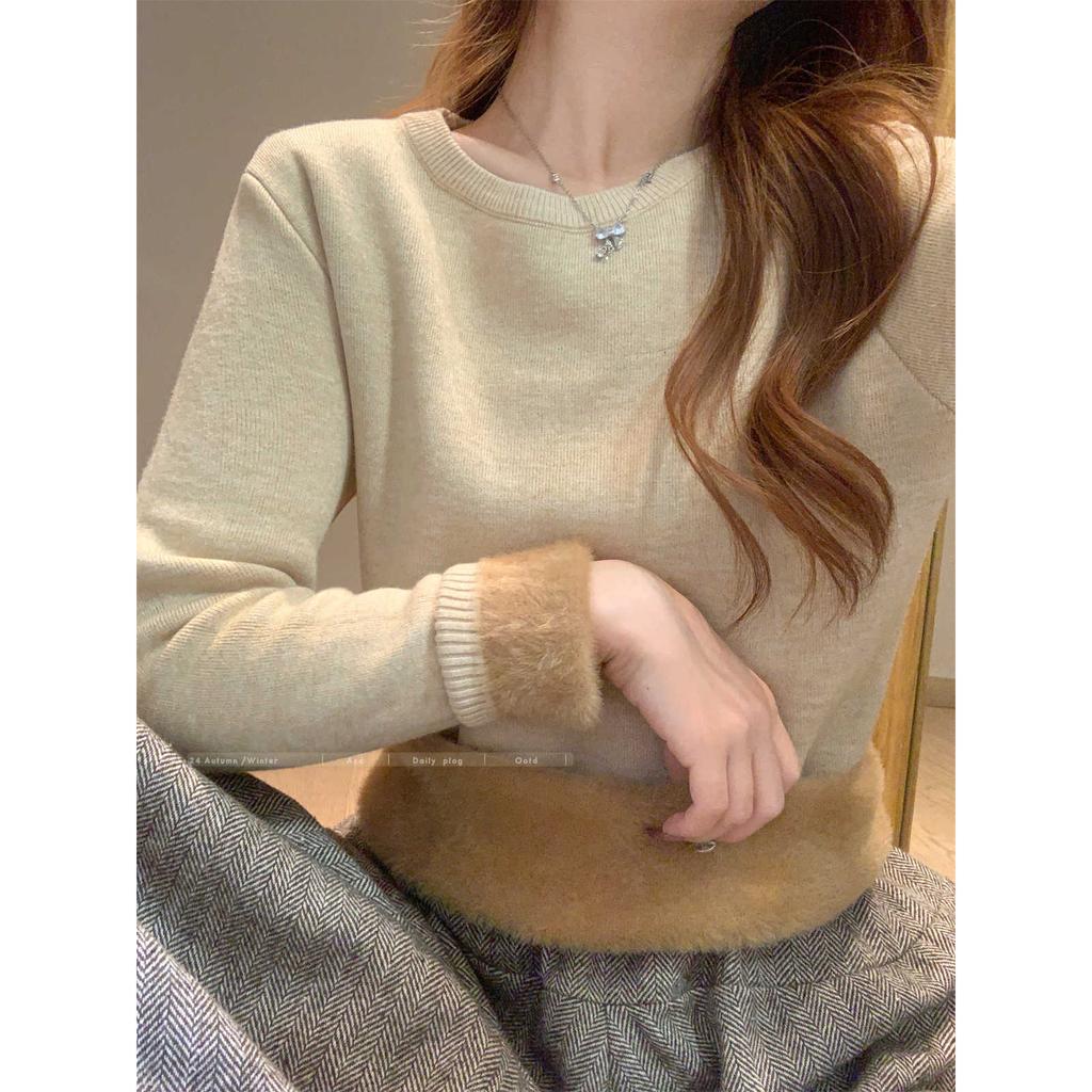 One-piece Fleece Thickened Warm Knitted Sweater Soft Waxy Sweater Women's Autumn and Winter Bottoming Shirt Front Shoulder Inner Top Long Sleeve