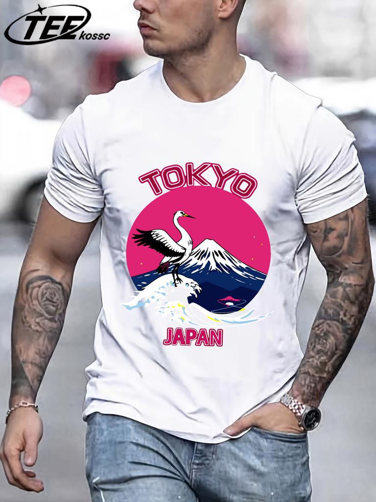 Tokyo Japan Mountain Wave Crane T Shirts Men AllMatch Cotton Basics TShirt Soft Summer Short Sleeve ONeck Loose Casual Top