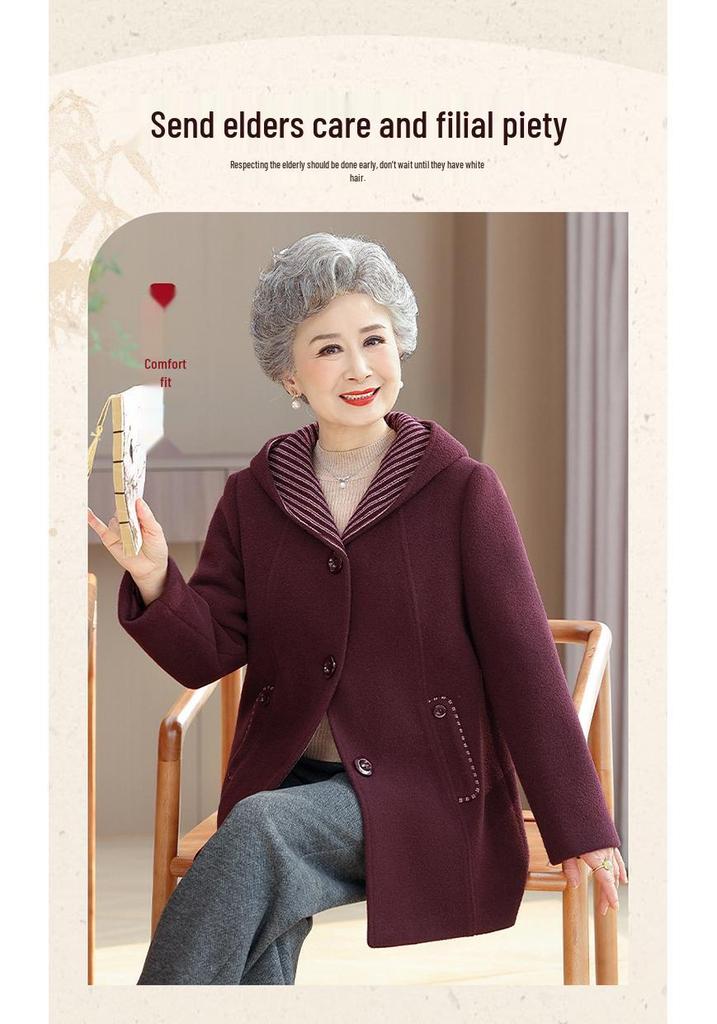 Spring Mid-Length Hooded Woolen Coat - Plus Size for Middle-Aged & Elderly Women