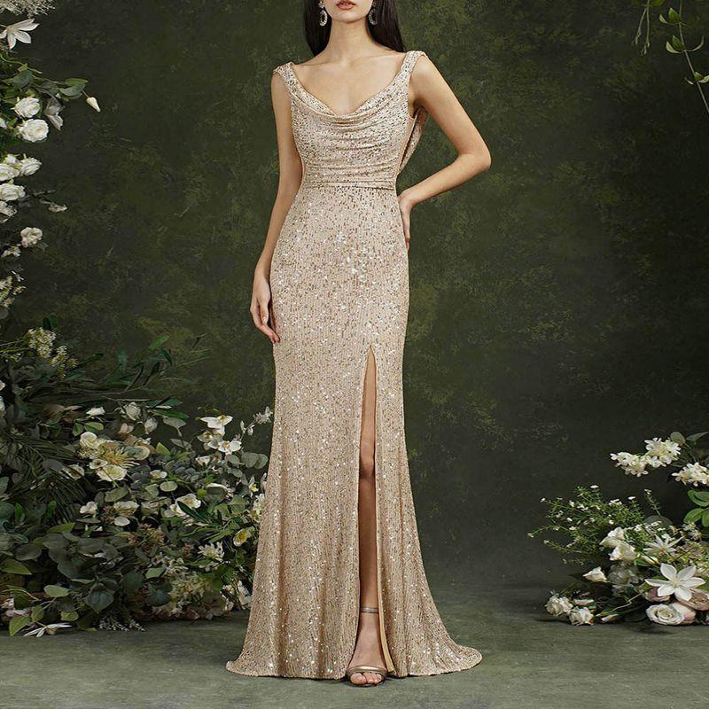 Evening Party Sleeveless Floor Length Long Dress Graduation Gown Apricot S