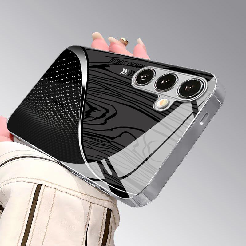 Gray Geometric Pattern 2D Phone Case for Samsung S26 S25 S24 S23 S22 S21 S20 A56 A36 A16 - Electroplated Glass Protective Cover