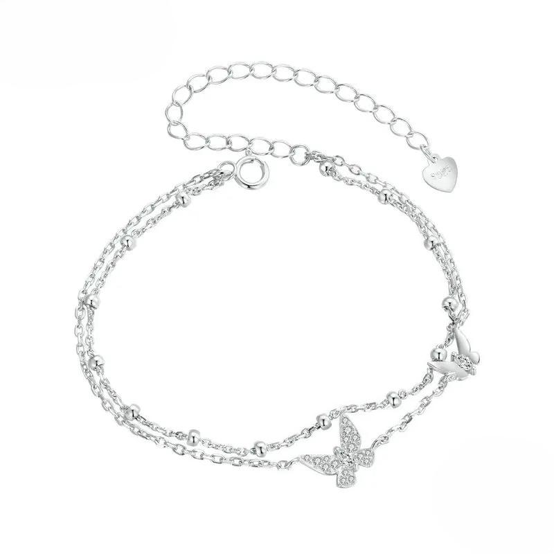 Womens Double-Layer Butterfly Bracelet Sterling Silver Layered Bracelet Dainty Beaded Chain Adjustable