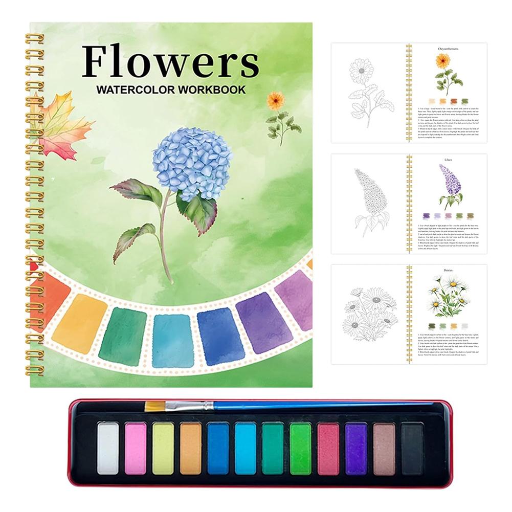 Watercolor Workbook Painting Book 12 Colors & Brush Educational Color Drawing Pages Painting Kit For Practice Your Painting