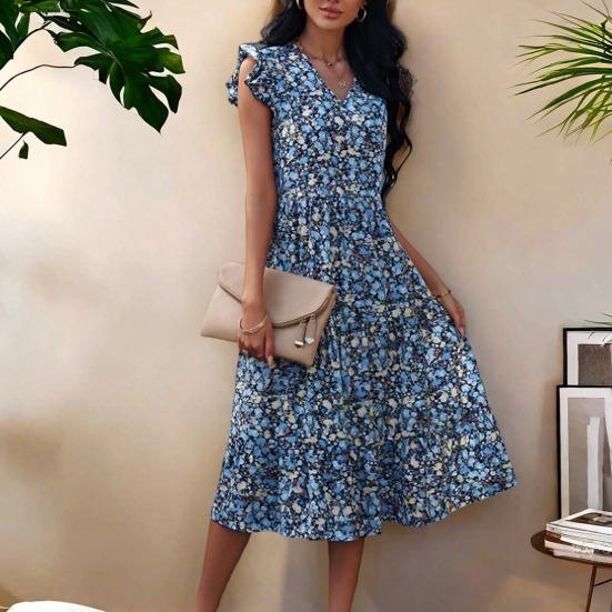 Women's Summer Floral Midi Dress Ruffle Cap Sleeve V Neck Swing Dress Casual Flowy A Line Boho Vacation Dress