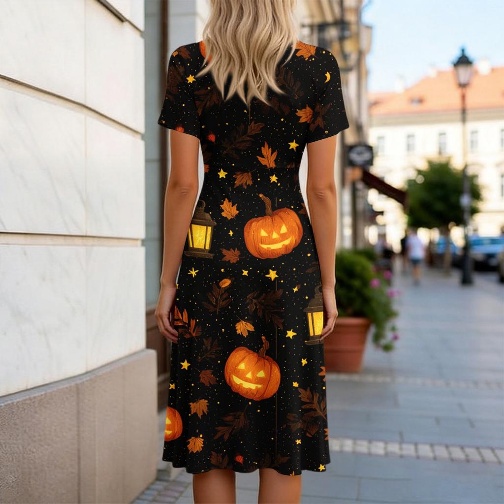 Women's Casual Halloween Print Dress V-Neck Short Sleeve for Party and Daily Wear