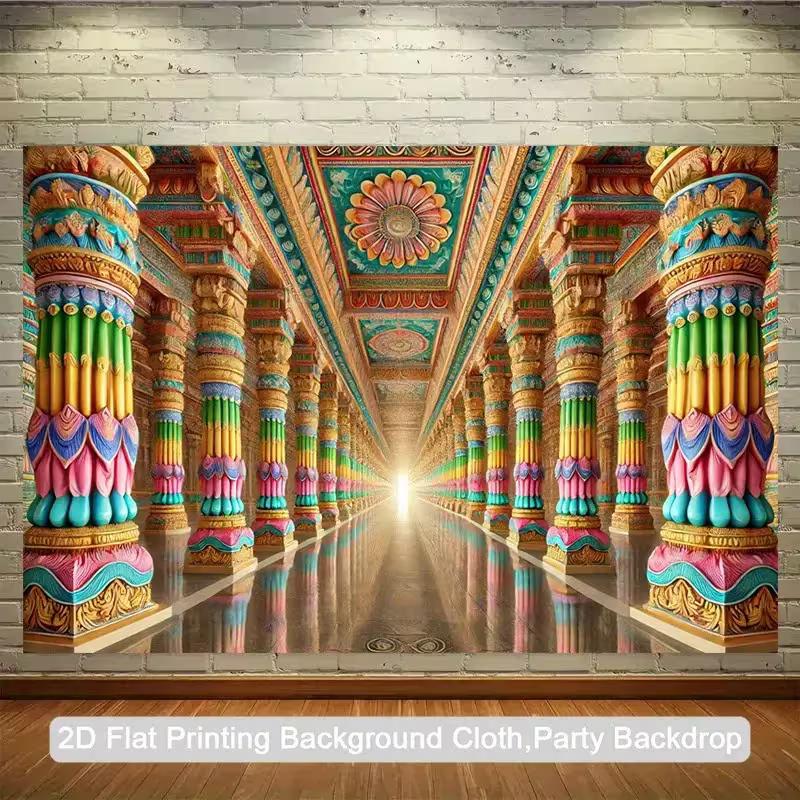 2D Indian Temple Corridor Backdrop, Colorful Ornate Pillar for Hindu Festival Photography