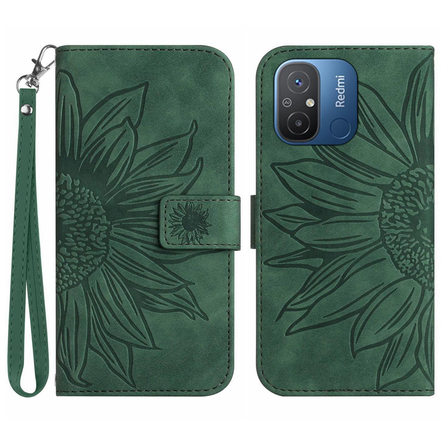 

Protective Phone Case For Xiaomi Redmi 11A 4G/12C 4G HT04 Sunflower Imprinted Leather Stand Wallet Shockproof Phone Cover Dark Green