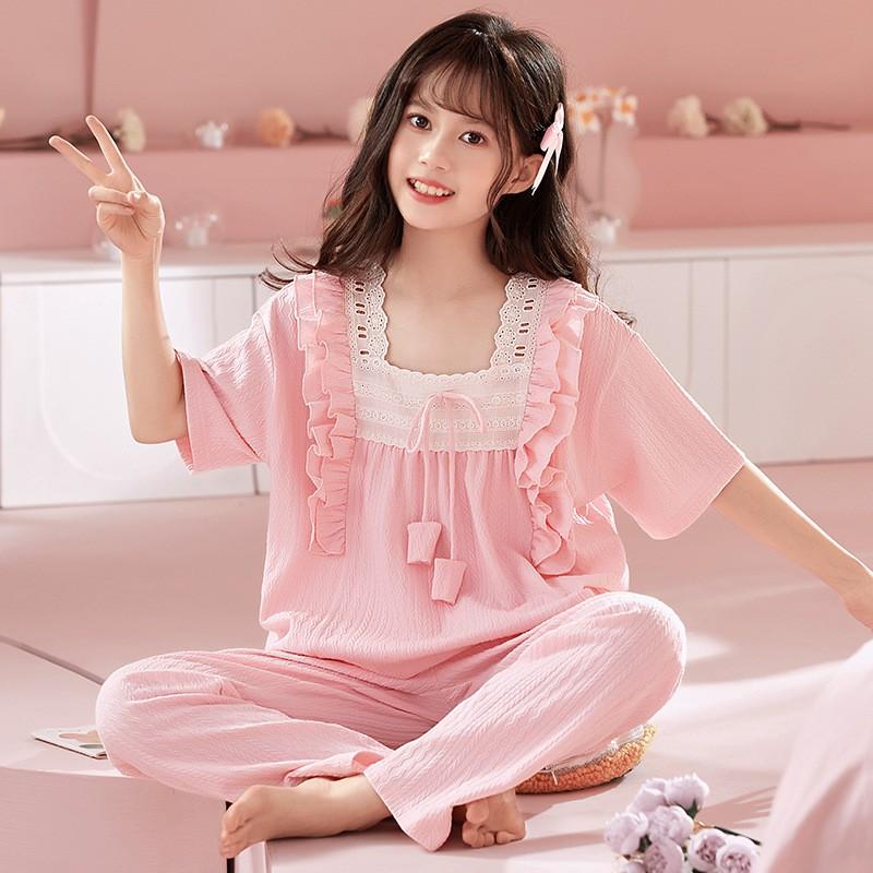 Girls Cotton Pajama Set Short Sleeve Princess Style Sleepwear Kids 8 Years Lightweight Home Wear
