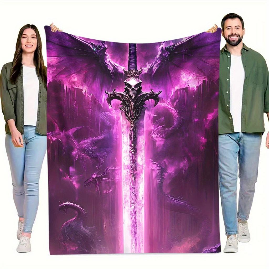 1pc Fantasy Purple Giant Sword Blanket - Epic Purple Sword & Dragons design, Soft Flannel Throw for Home, Camping, Office