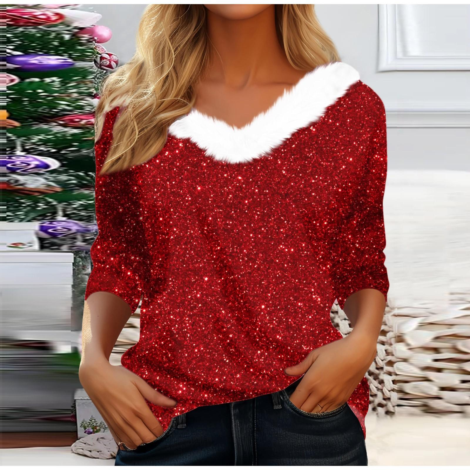 

Рубашки с длинным рукавом для женщин Милые топы Рождественские принты Футболки Блузки Повседневные топы больших размеров Базовые топы Пуловеры L винный