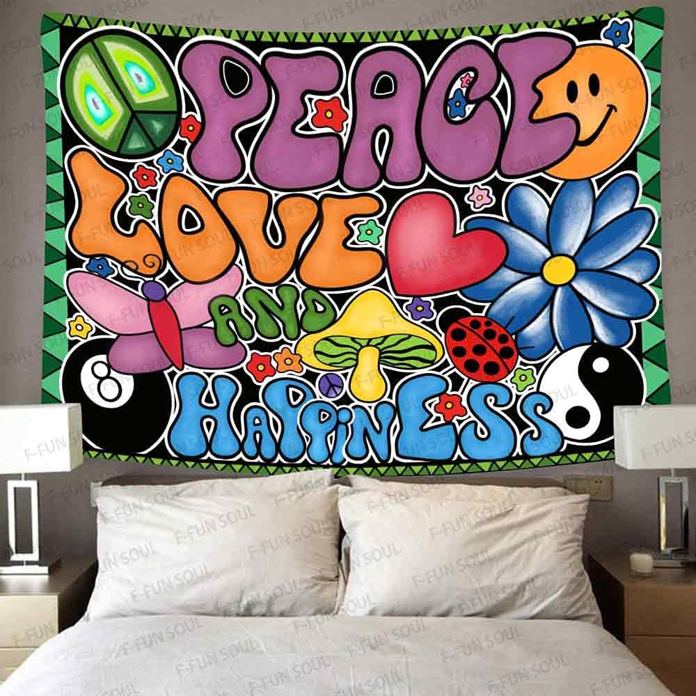 F-FUN SOUL Peace Love and Happiness Tapestry Groovy Tapestries, 40x30inches, 70s Theme Tapestries Hippie Aesthetic Tapestry Wall Hanging for Bedroom