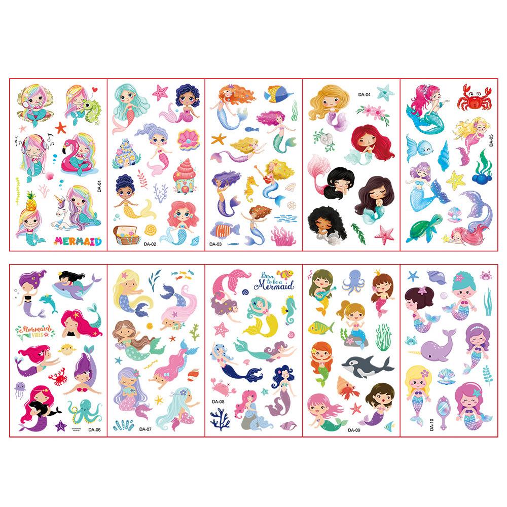 10 Folhas/Conjunto Adesivos de Tatuagem de Sereia de Desenho Animado para Crianças À Prova d'Água Fofos Engraçados Tatuagem Falsa Temporária para Crianças Meninas Presente