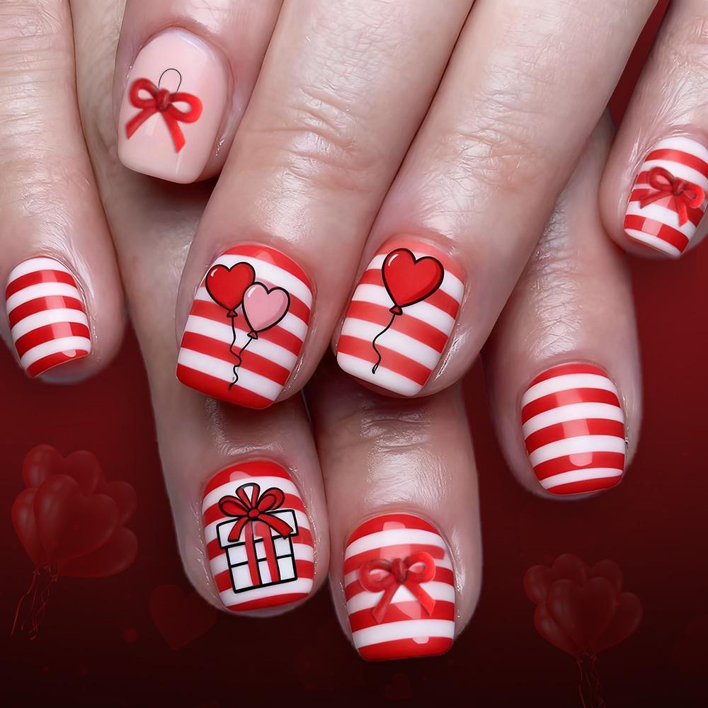 Valentine s Day Red Heart Stripe Bowknot Nails - 24 Removable Oval Pieces