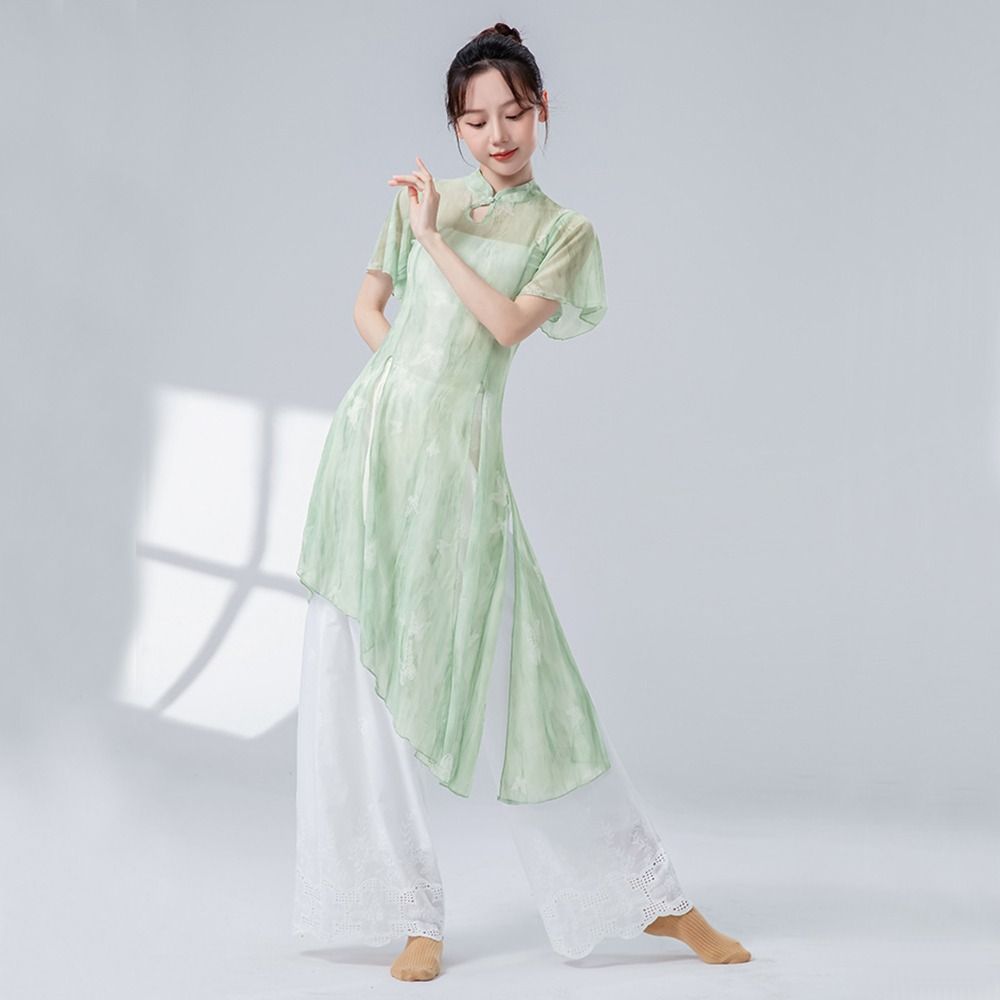 Cheongsam Neck Classical Dance Top Split Hem Dance Mesh Top Fashion Performance Dancewear Women