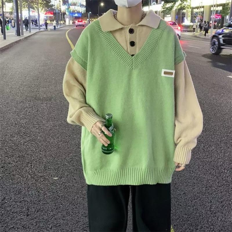

Поддельный мужской свитер из двух частей, зимний, толстый, высококачественный, ленивый, стильный, топовый, нишевый, американский, шикарный свитер 2XL