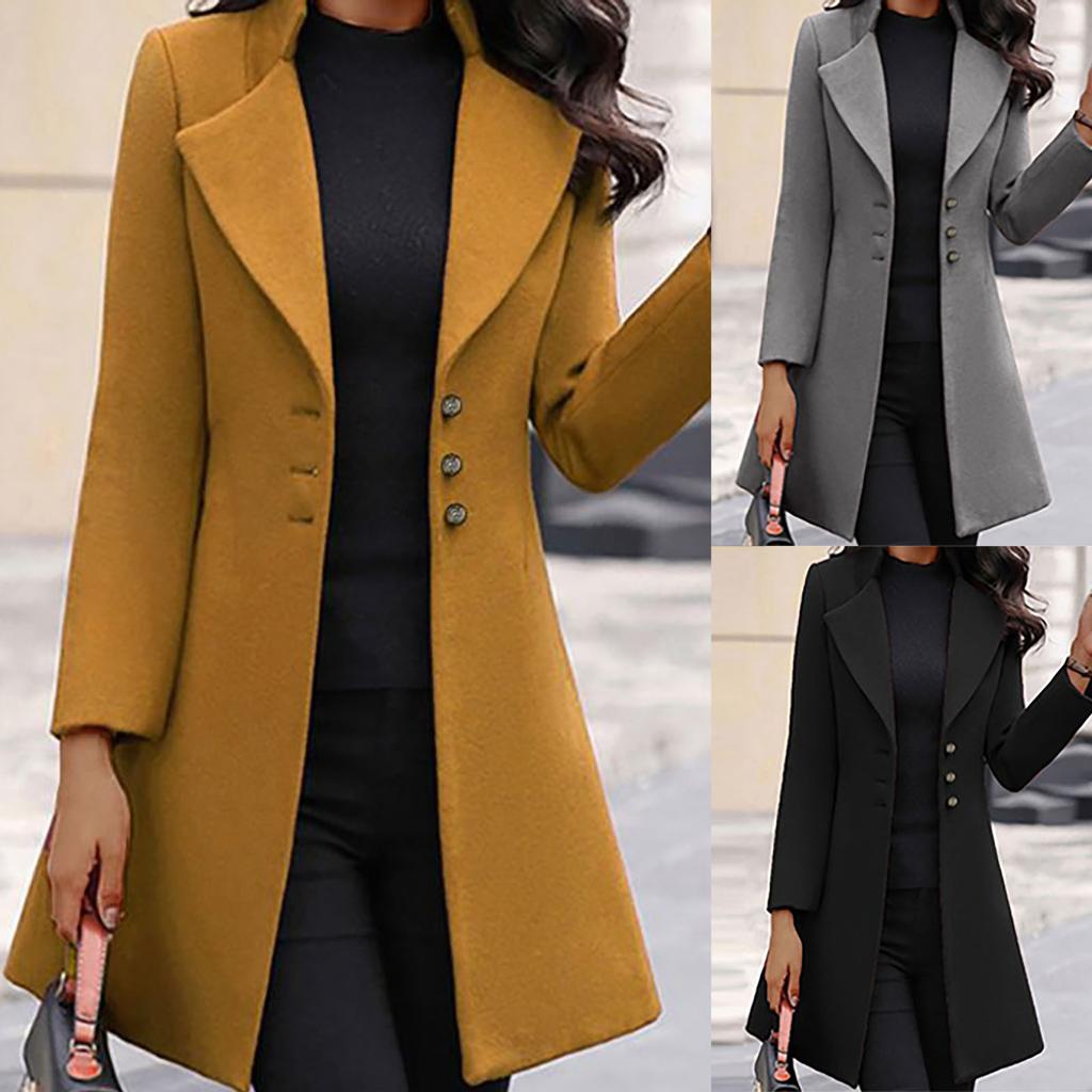 Women Fashion Long Sleeve Woolen Lapel Solid Color Long Jacket Coat