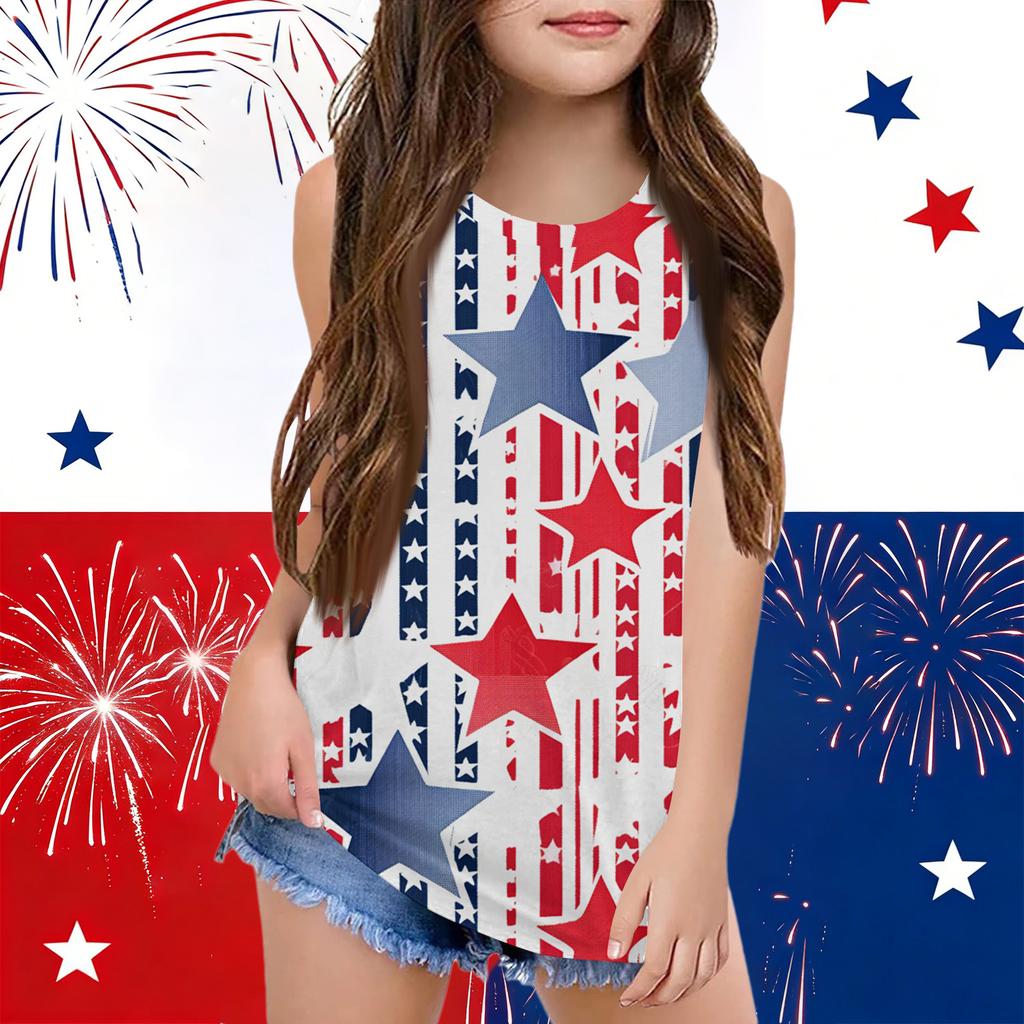 Girls  Kids Summer Crewneck Sleeveless Shirts Tank Tops Independence Day
